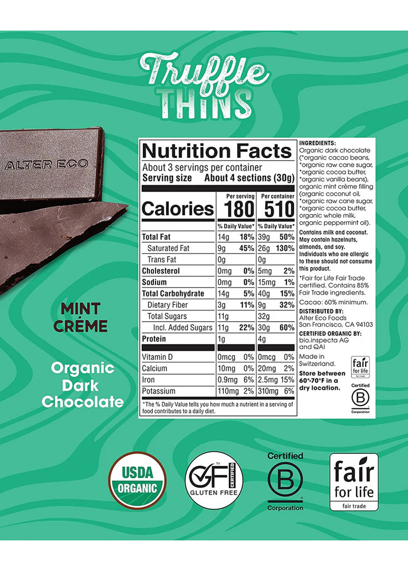 Alter Eco Truffle Thins Mint Creme Dark Chocolate Organic FT
