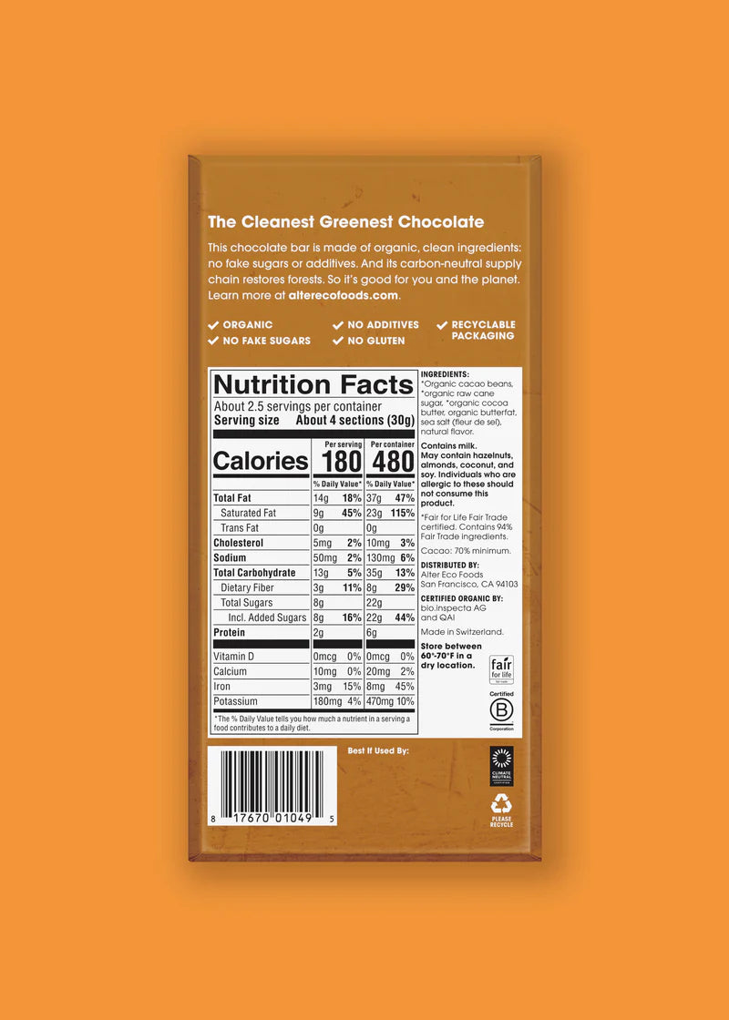 Alter Eco Brown Butter 70% Dark Chocolate Organic FT