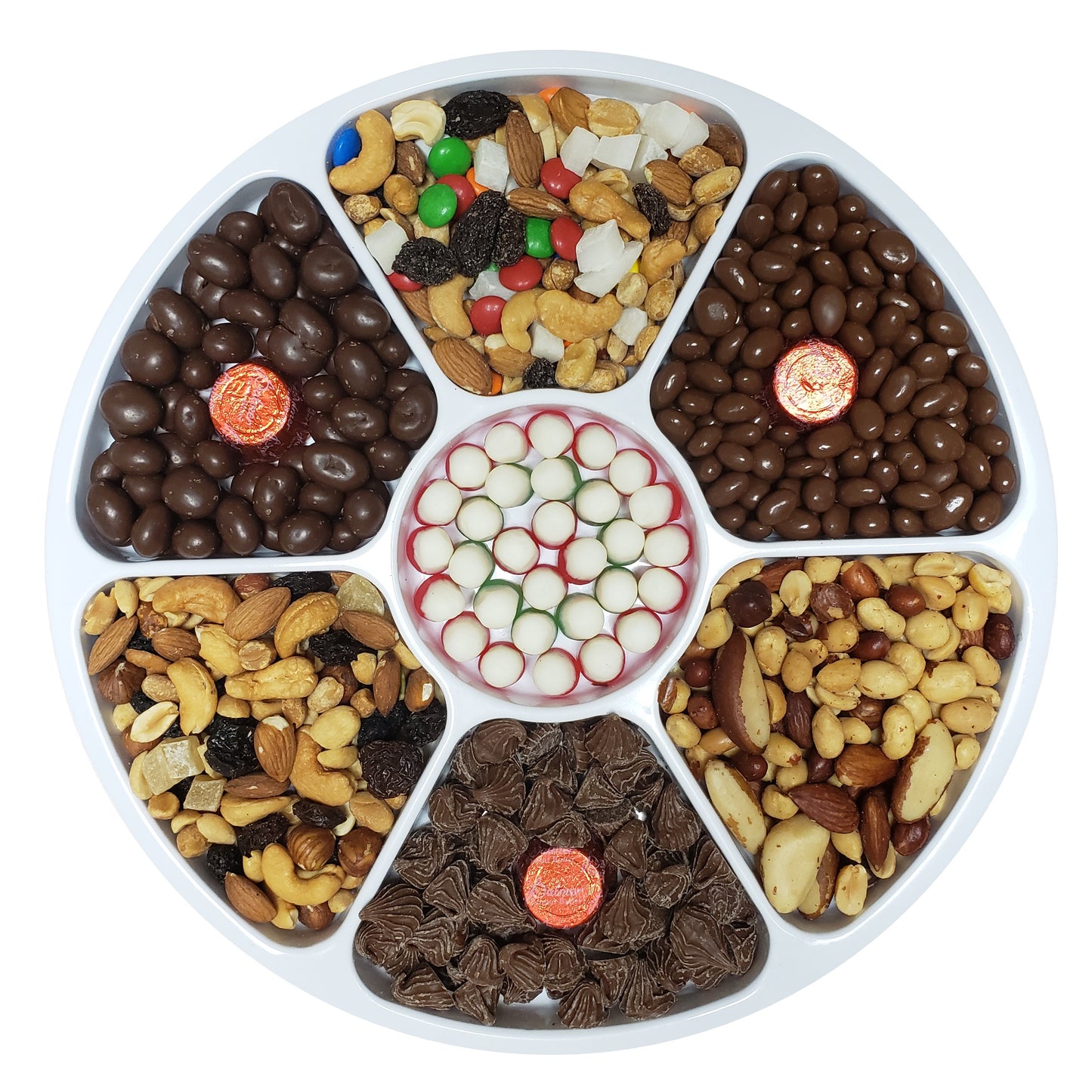 A 16-inch round platter tray with seven divided sections, each filled with a variety of chocolates and nuts around a central candy drop center.
