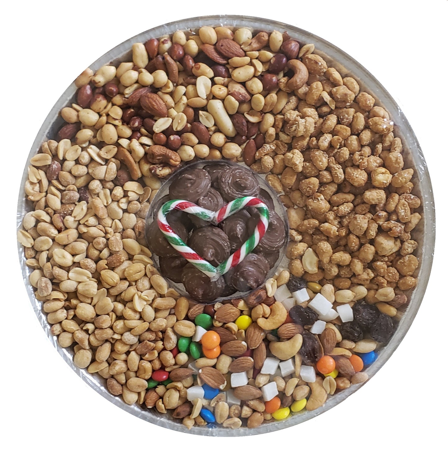 A 12-inch round serving tray loaded with a variety of nuts including chocolate-covered macaroonies, salted mixed nuts, coconut peanuts, and jumbo salted peanuts, surrounded by mini candy canes.