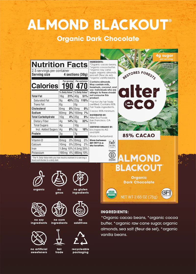Alter Eco Almond Blackout 85% Dark Chocolate Organic FT