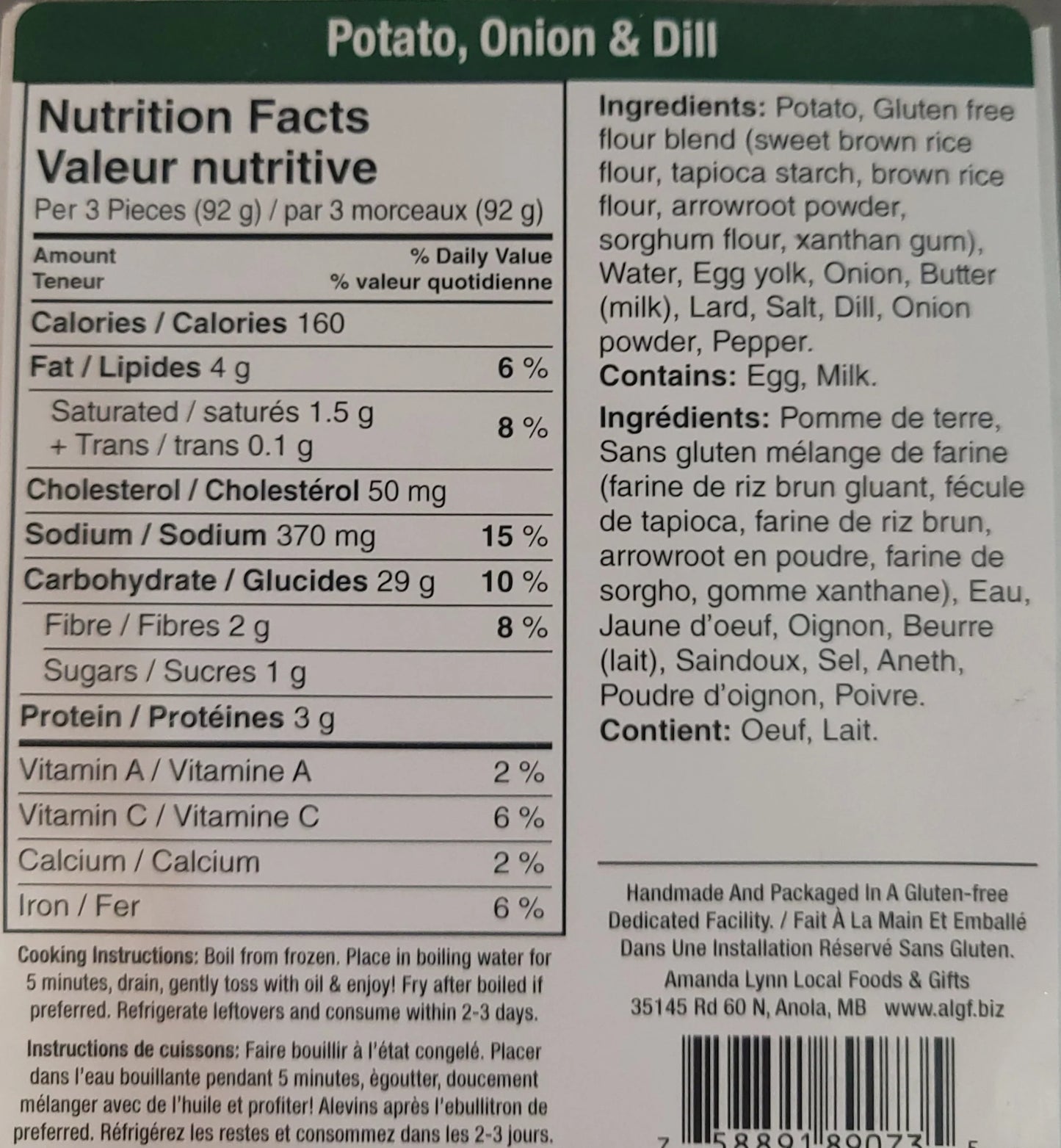 Gluten Free Perogies, Potato with Onion & Dill *FROZEN*