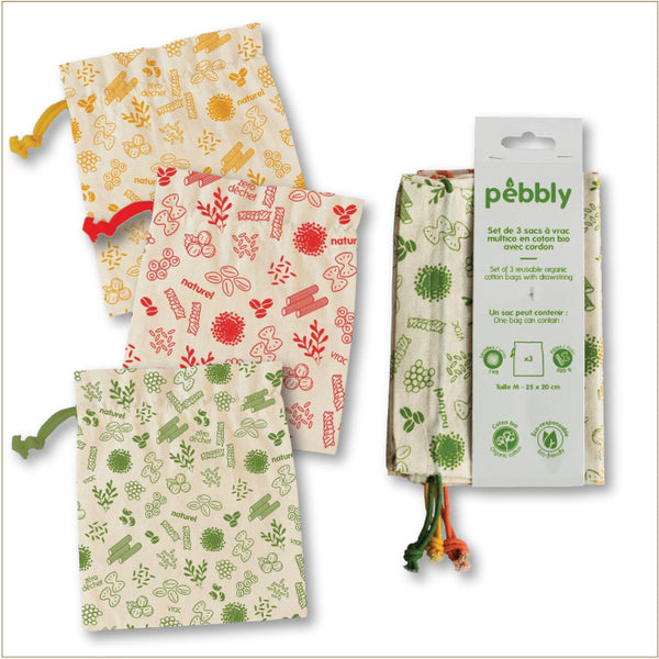 Pebbly Food Bag, Organic Cotton, Set of 3