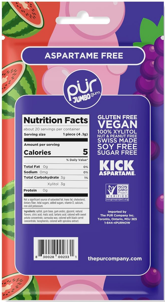 PUR Jumbo Gum Grape, Bubblegum, Watermelon