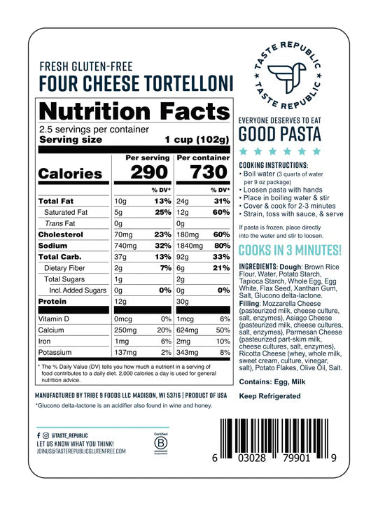 Taste Republic 4 Cheese Tortelloni (GF) *REFRIGERATED*