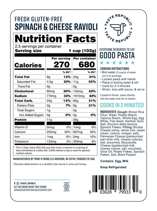 Taste Republic Spinach & Cheese Ravioli (GF) *REFRIGERATED*