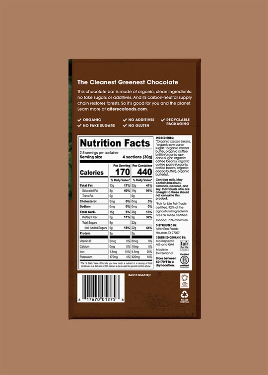 Alter Eco Coffee Brittle 70% Dark Chocolate Organic FT