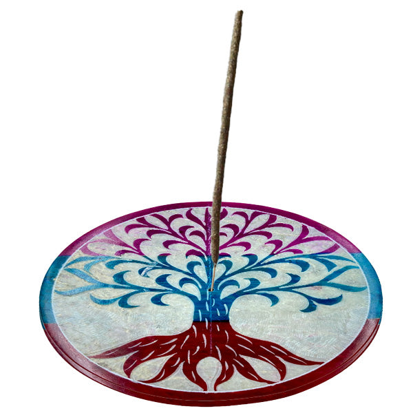 Soapstone Round Incense Holder - Rainbow Tree of Life