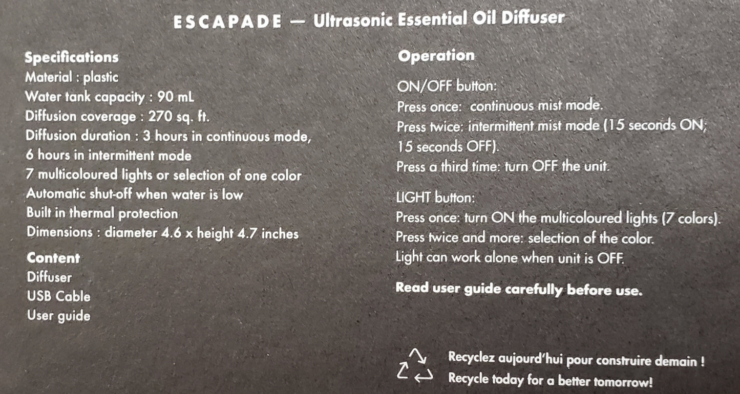 Ultrasonic Aromatherapy Diffuser ESCAPADE