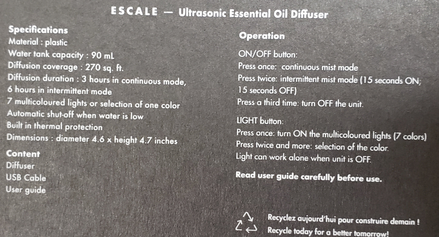 Ultrasonic Aromatherapy Diffuser ESCALE