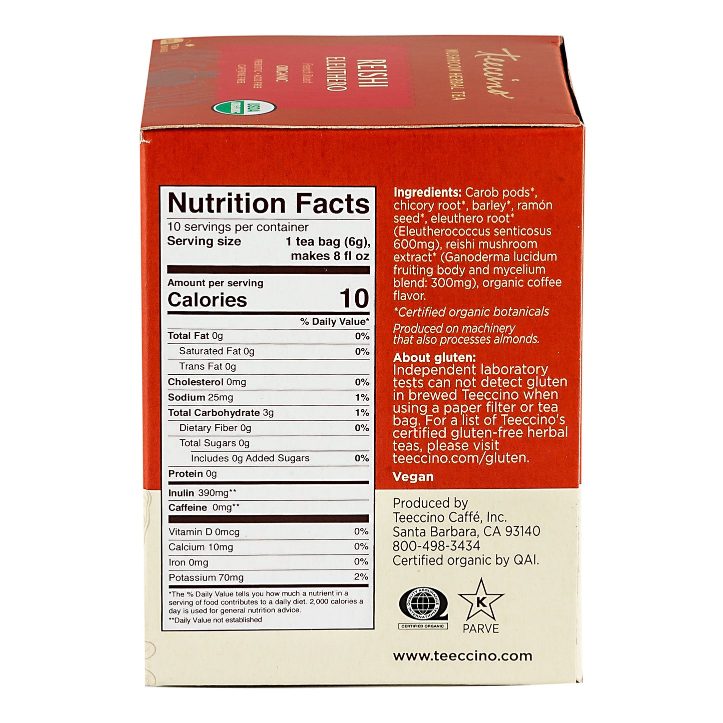 Teeccino Mushroom Adaptogen "Coffee" Tea REISHI ELEUTHERO