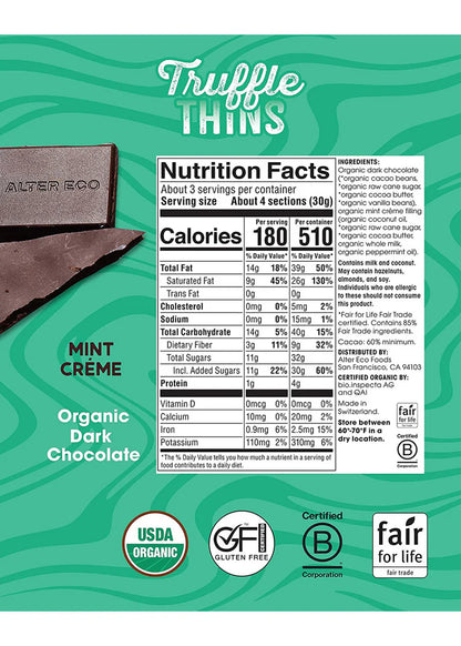 Alter Eco Truffle Thins Mint Creme Dark Chocolate Organic FT