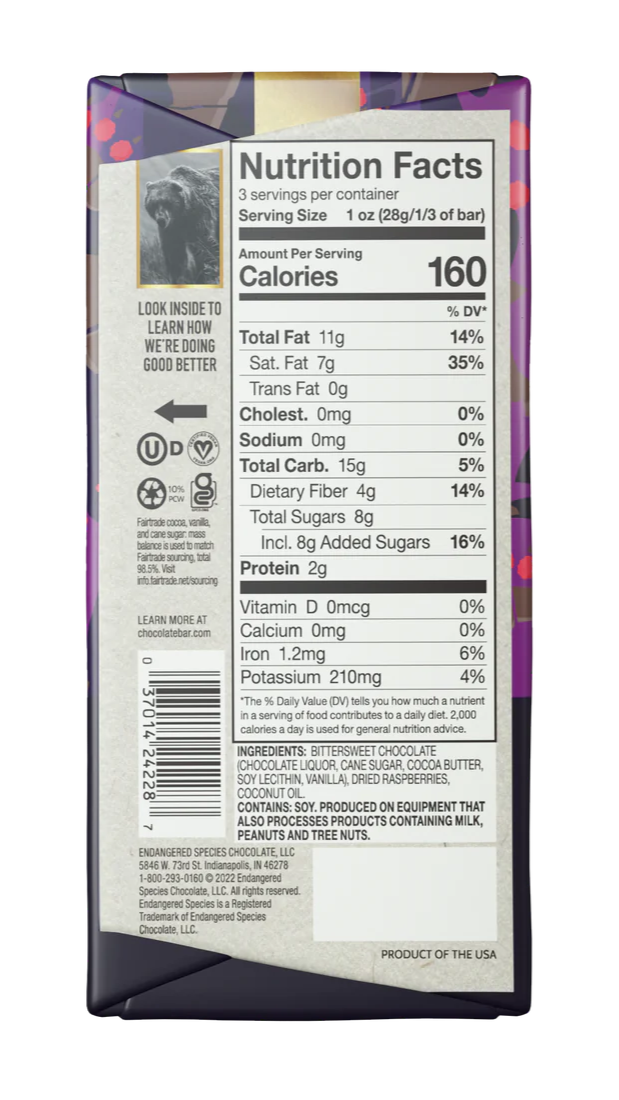 Endangered Species Raspberries Dark Chocolate Bar (FT)