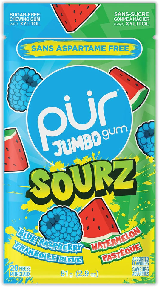 PUR Jumbo SOURZ Gum, Blue Raspberry & Watermelon