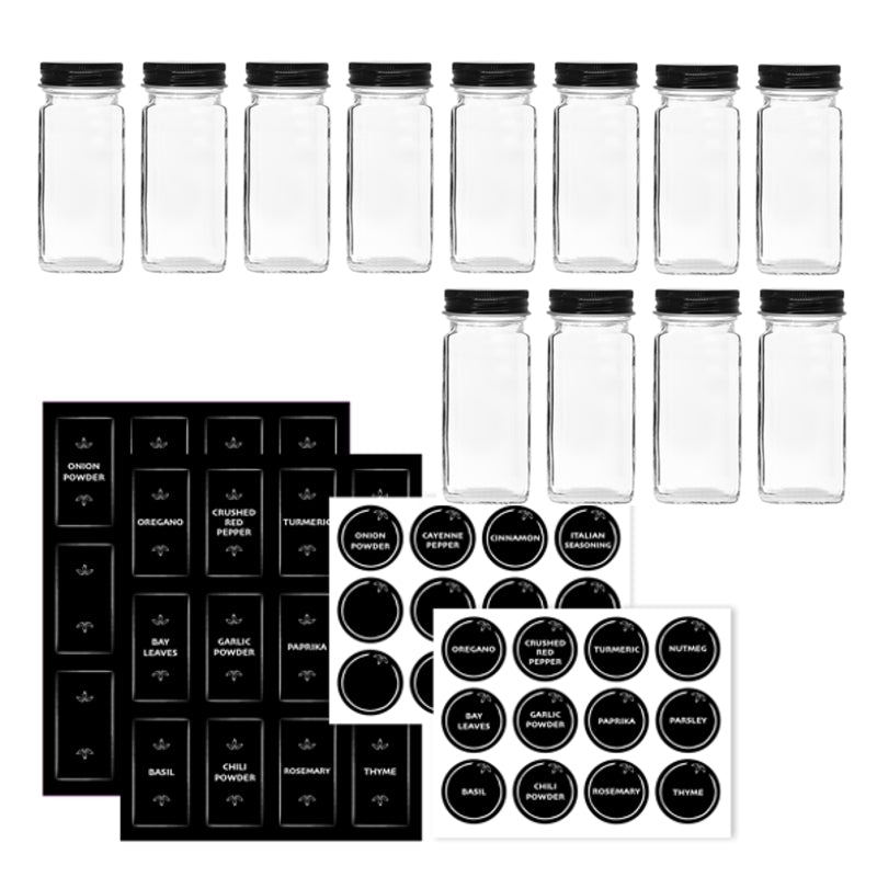 Spice Jars and Labels, Glass, Set of 12