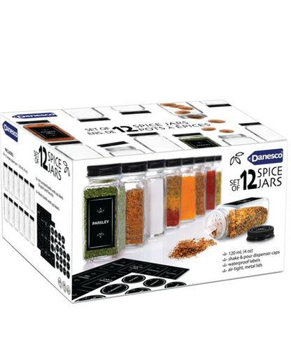 Spice Jars and Labels, Glass, Set of 12