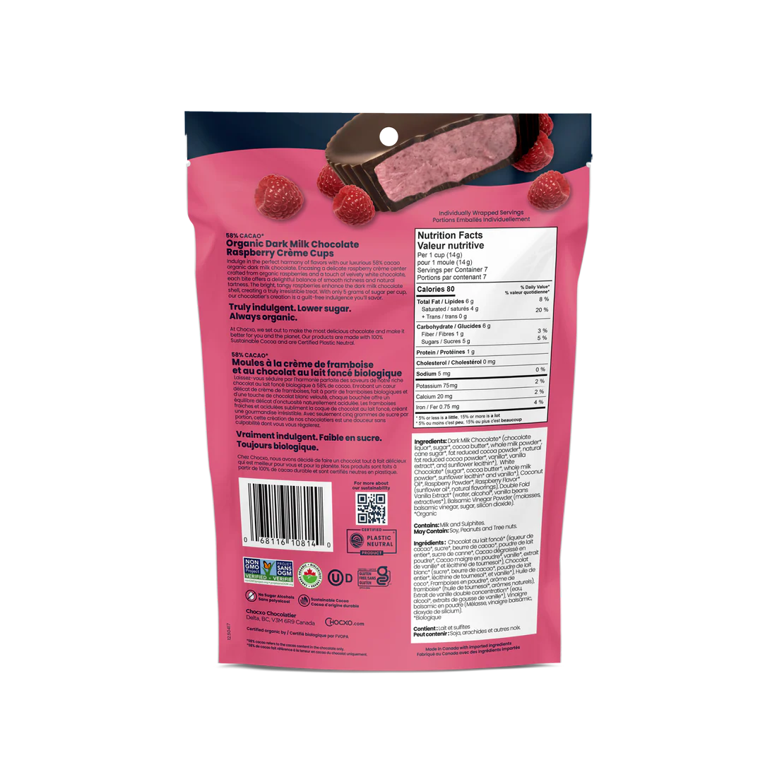 Chocxo Dark Milk Chocolate Raspberry Crème Cups (Org) - LE
