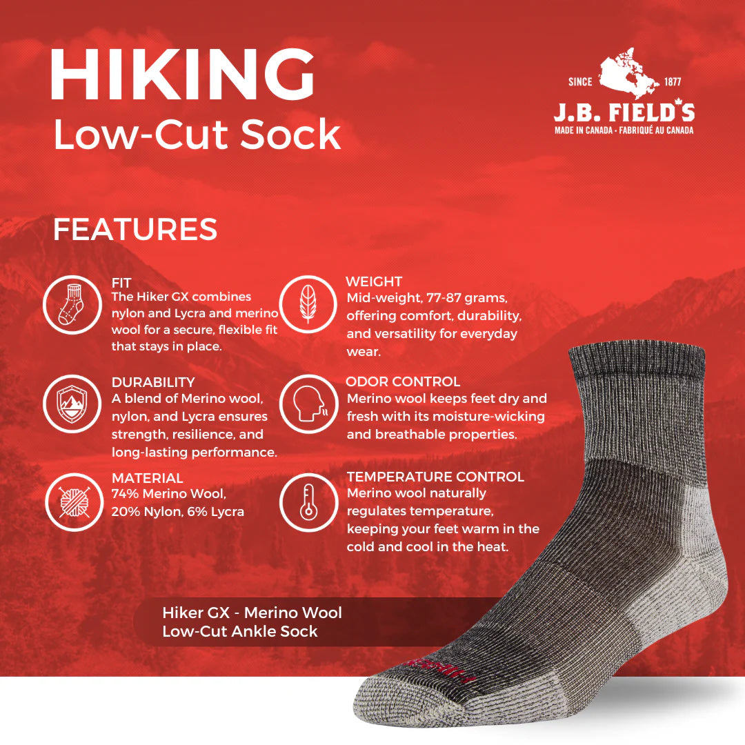 J.B. Field's "Hiker GX" 74% Merino Wool Quarter-Crew Ankle Socks