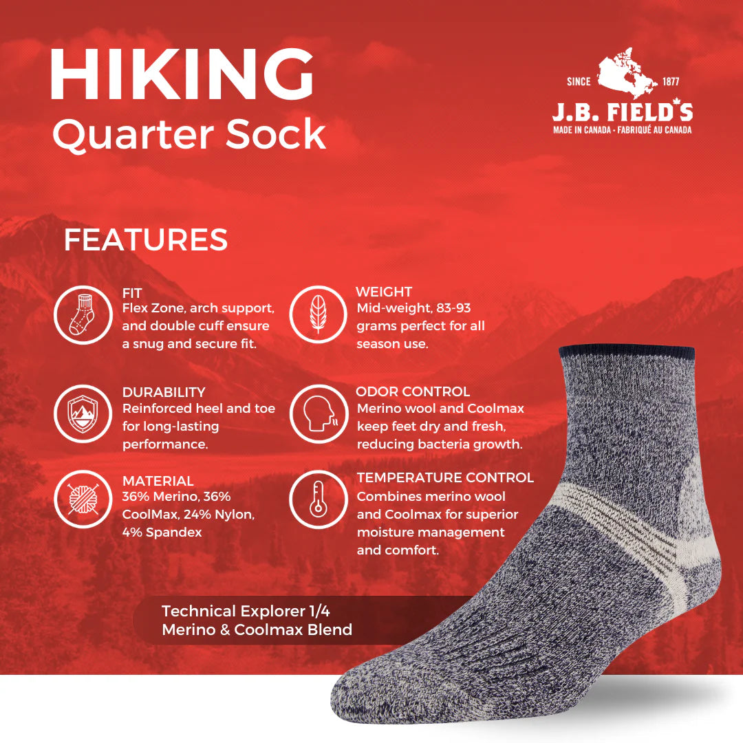 J.B. Field's "Technical Explorer" Merino/Coolmax Low-Cut Hiking Ankle Socks
