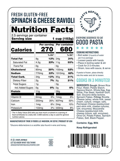 Taste Republic Spinach & Cheese Ravioli (GF) *REFRIGERATED*