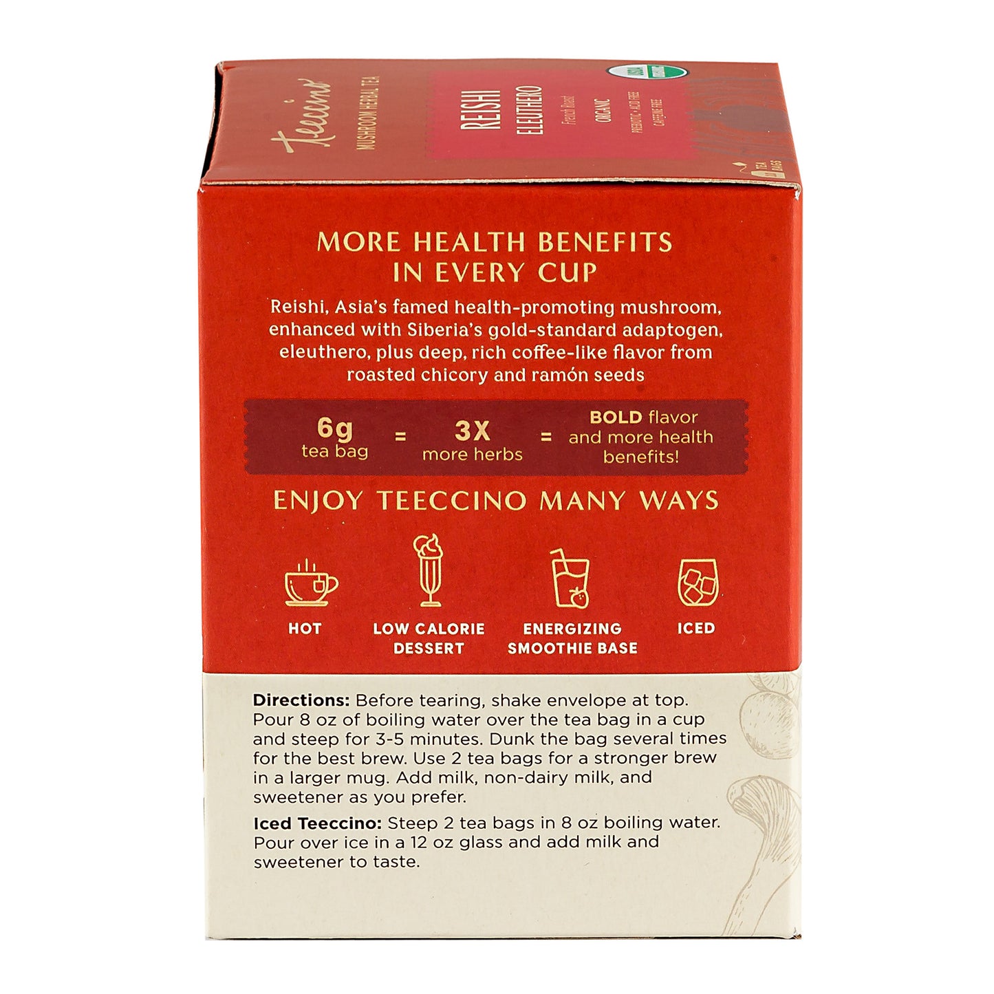 Teeccino Mushroom Adaptogen "Coffee" Tea REISHI ELEUTHERO